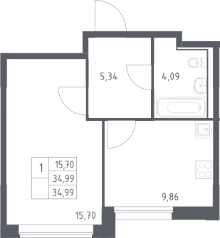 1-комн., 34.99 м², 12/17 этаж, ЖК «Прибрежный Парк»