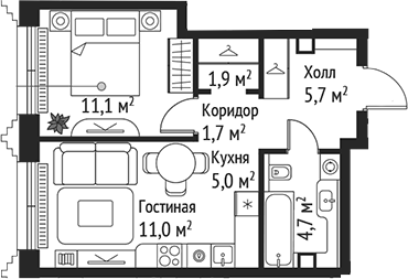 2-комн., 41.1 м², 30/59 этаж, ЖК «СЕТ»