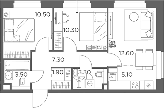 3-комн., 54.5 м², 19/23 этаж, ЖК «Белый Град»