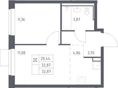 2-комн., 32.87 м², 10/13 этаж, ЖК «Молжаниново»