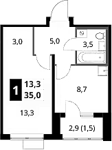 1-комн., 33.5 м², 23/24 этаж, ЖК «1-й Донской»