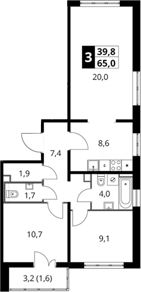 3-комн., 63.4 м², 14/21 этаж, ЖК «Южная Битца»