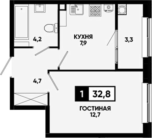 1-комн., 29.5 м², 2/12 этаж, ЖК «Кварталы 17/77»