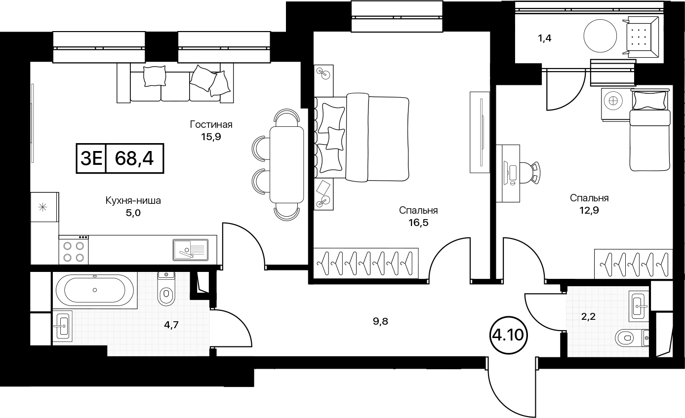 3-комн., 67 м², 4/17 этаж, ЖК «Пушкино Град»