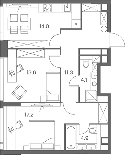 2-комн., 65.1 м², 40/43 этаж, ЖК «ЛОТ от Аквилон»