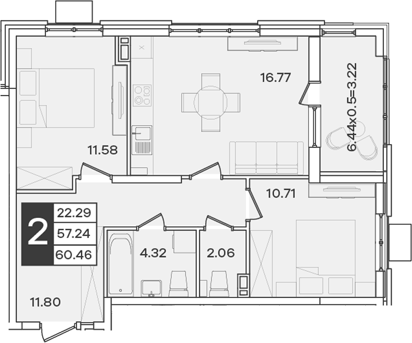 2-комн., 57.24 м², 9/18 этаж, ЖК «Сюжеты»