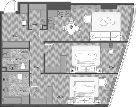 3-комн., 93.2 м², 48/90 этаж, ЖК «ОНЕ»