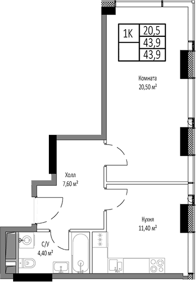 1-комн., 43.9 м², 19/33 этаж, ЖК «Мираполис»