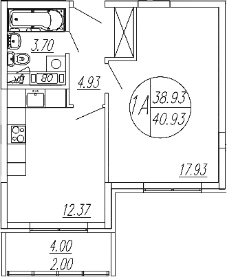 1-комн., 38.93 м², 4/4 этаж, ЖК «Шолохово»