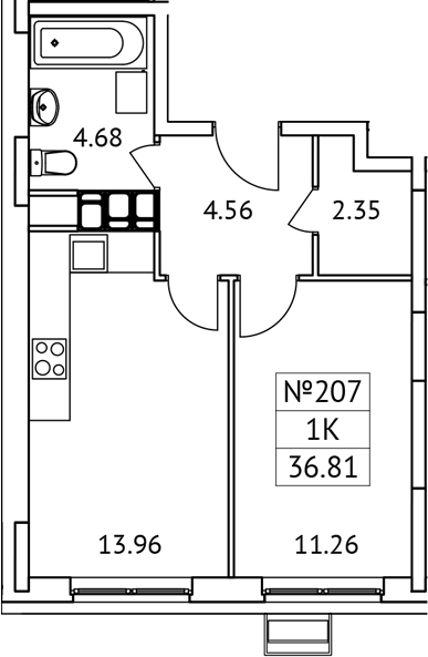 1-комн., 36.81 м², 12/17 этаж, ЖК «Новотомилино»