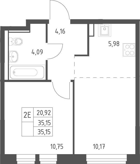 2-комн., 35.15 м², 6/17 этаж, ЖК «Квартал Ивакино»