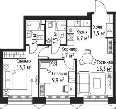 3-комн., 55 м², 7/59 этаж, ЖК «СЕТ»