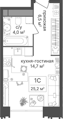 Студия, 25.2 м², 6/30 этаж, ЖК «Гостиничный комплекс Варшавские ворота»
