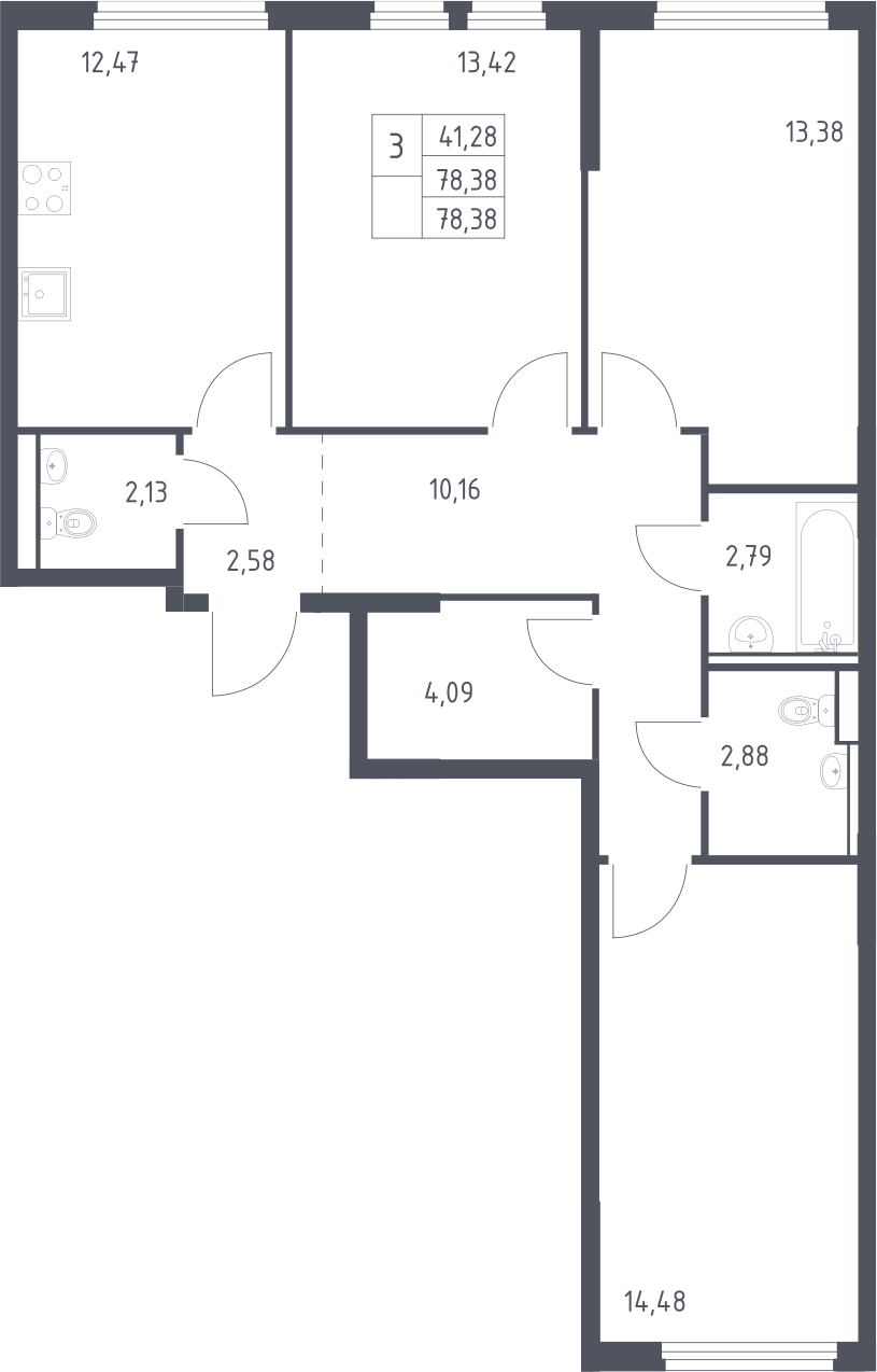 3-комн., 78.38 м², 11/15 этаж, ЖК «Пригород Лесное»