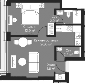2-комн., 38.4 м², 29/53 этаж, ЖК «Сити Бэй»