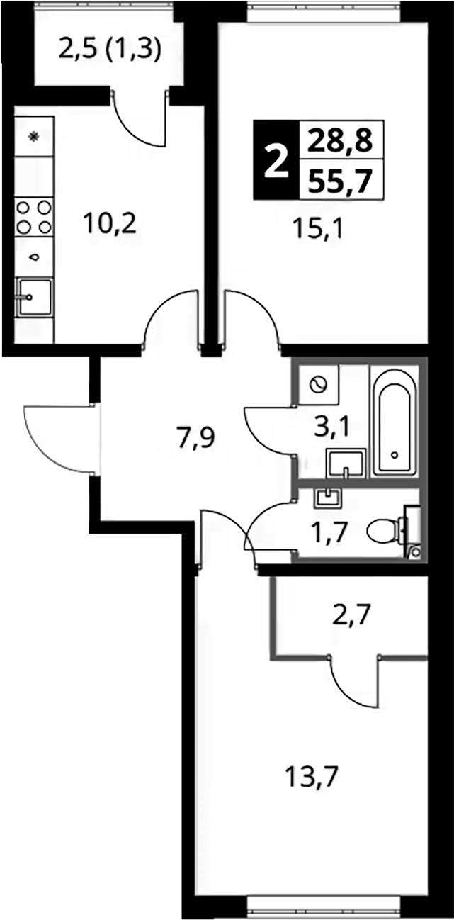 2-комн., 54.4 м², 2/24 этаж, ЖК «1-й Южный»