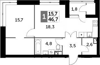 2-комн., 45.6 м², 26/43 этаж, ЖК «Скай Гарден»