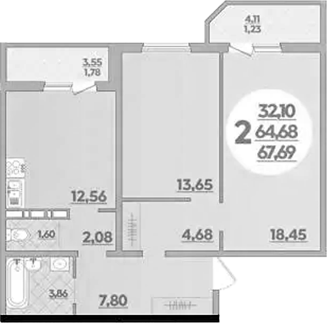 2-комн. квартира, 64.68 м² в ЖК Восточный. Квартал №6 — фото 2