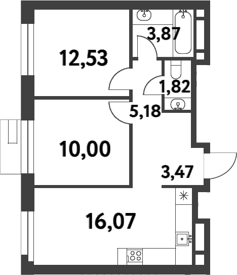 2-комн., 52.94 м², 7/16 этаж, ЖК «Смарт Гарден»