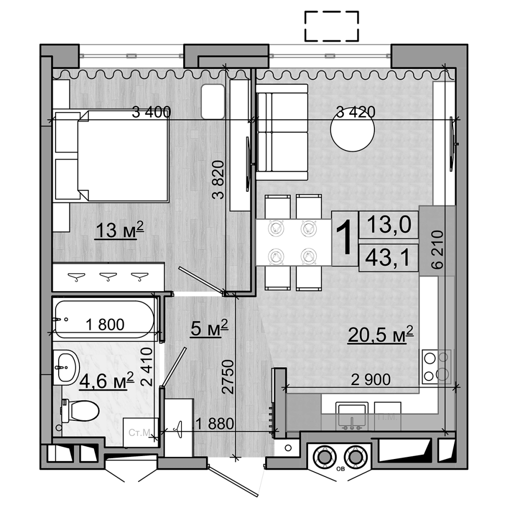 2-комн., 43.1 м², 3/18 этаж, ЖК «Гранд Комфорт»