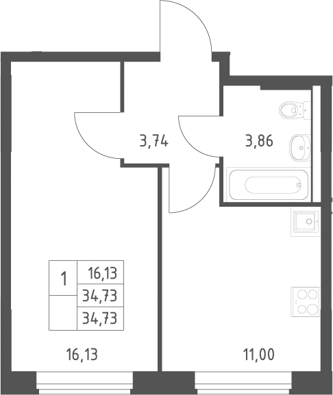 1-комн., 34.73 м², 9/12 этаж, ЖК «Большое Юрлово»