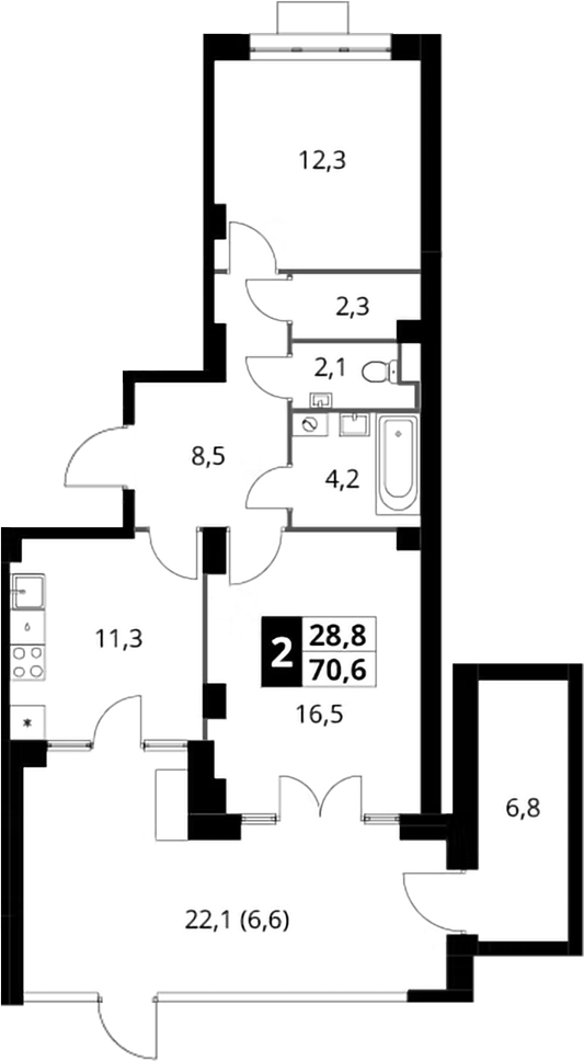 2-комн., 57.2 м², 1/22 этаж, ЖК «Южная Битца»