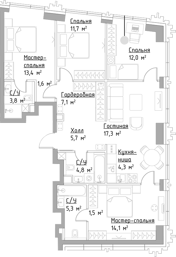4+ комнаты, 102.6 м², 45/45 этаж, ЖК «Левел Павелецкая Сити»