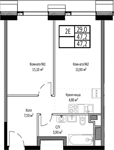 2-комн., 47.2 м², 15/35 этаж, ЖК «Мираполис»