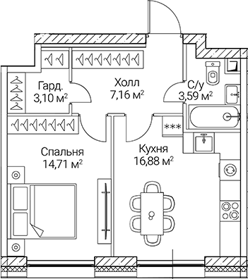 1-комн., 45.44 м², 36/51 этаж, ЖК «СЕЗАР СИТИ»