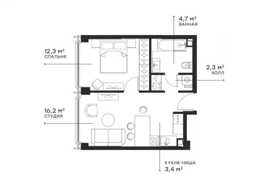 2-комн., 38.87 м², 23/54 этаж, ЖК «Симфония 34»