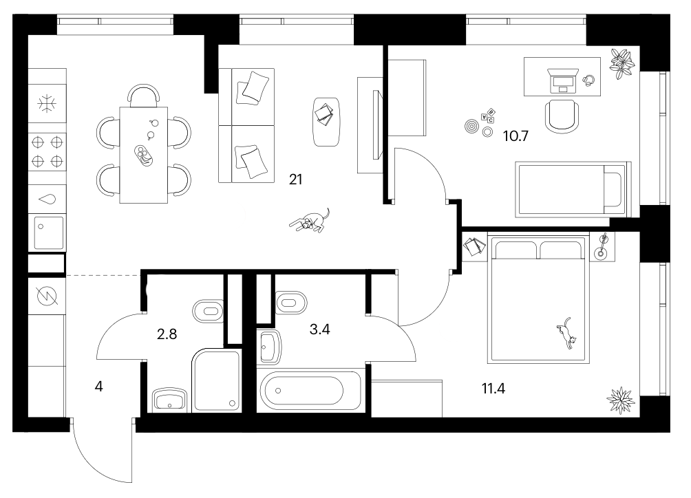 2-комн., 53.3 м², 13/16 этаж, ЖК «Бунинская набережная»