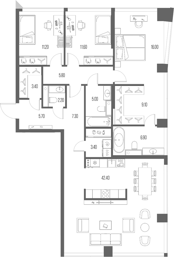 3-комн., 130 м², 2/24 этаж, ЖК «Северный Порт»
