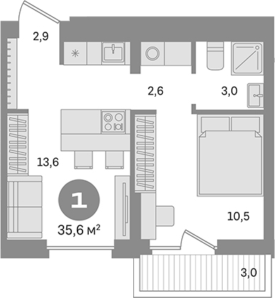 1-комн., 32.6 м², 5/9 этаж, ЖК «Первый квартал. Вторая очередь»