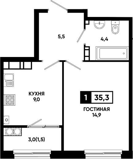 1-комн., 33.8 м², 15/18 этаж, ЖК «Резиденция Софи»