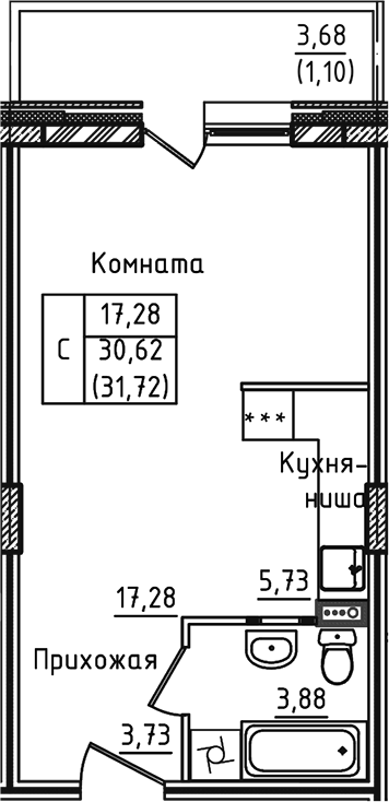 Студия, 30.62 м², 1/5 этаж, ЖК «Зеленый город»