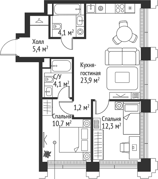 3-комн., 61.7 м², 7/45 этаж, ЖК «СЕТ»