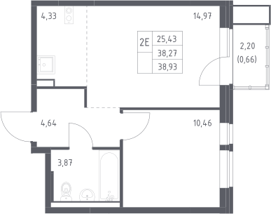 2-комн., 38.27 м², 11/13 этаж, ЖК «Квартал Авиаторов»