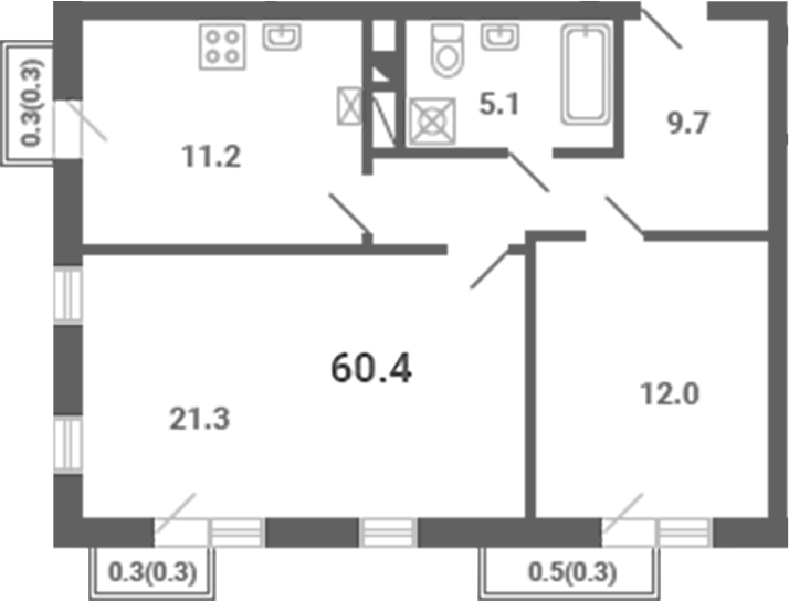 2-комн., 59.3 м², 3/4 этаж, ЖК «Южная Долина»