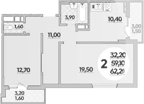 2-комн., 58.9 м², 19/22 этаж, ЖК «Парк у дома»
