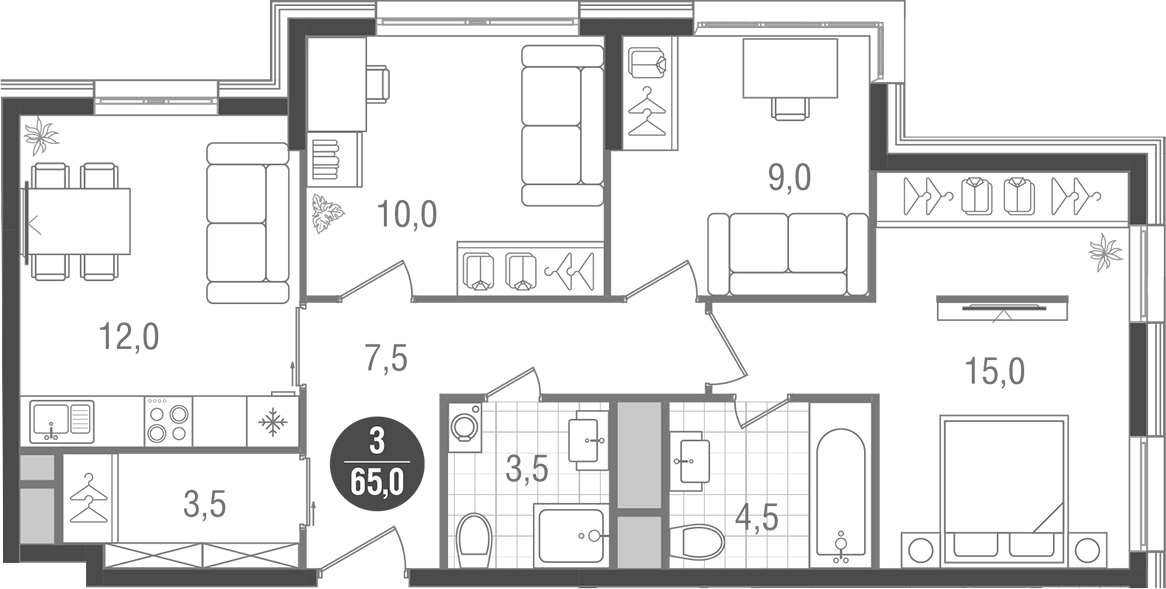 3-комн., 65 м², 21/26 этаж, ЖК «Кантемировский»