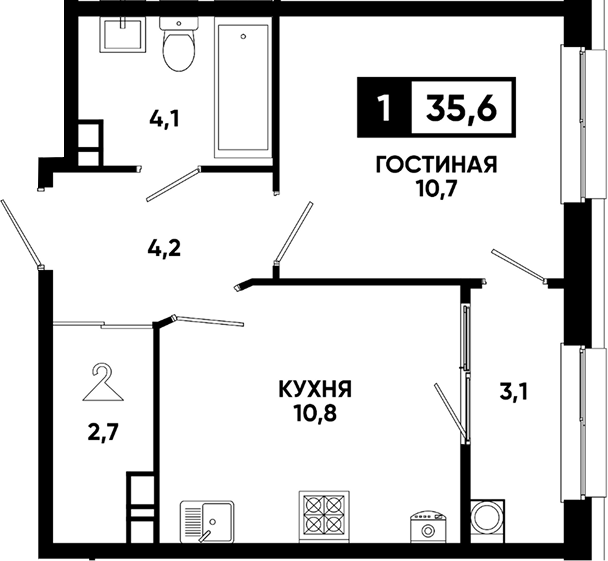 1-комн., 32.5 м², 11/12 этаж, ЖК «Кварталы 17/77»