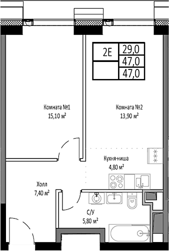 2-комн., 47 м², 11/35 этаж, ЖК «Мираполис»