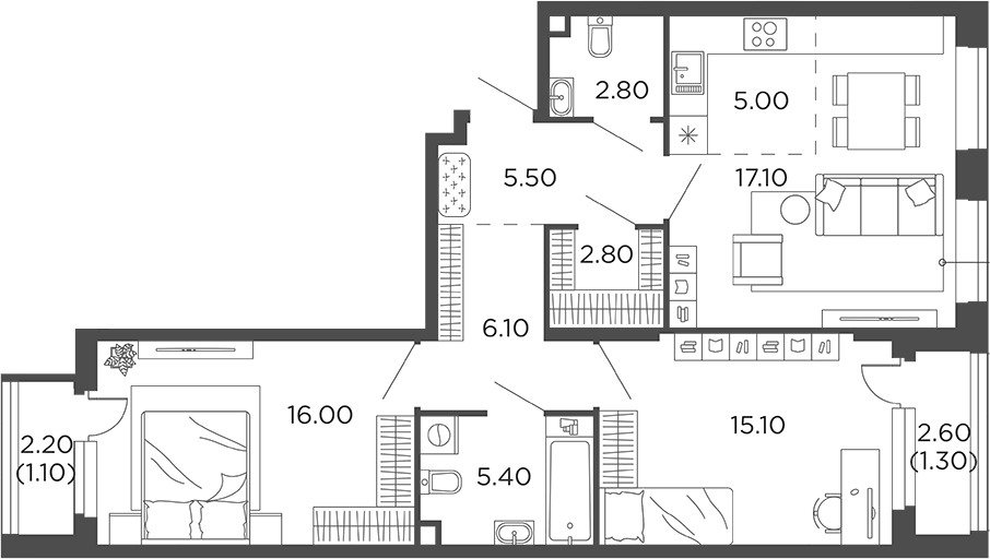 3-комн., 75.8 м², 2/22 этаж, ЖК «Филатов Луг»