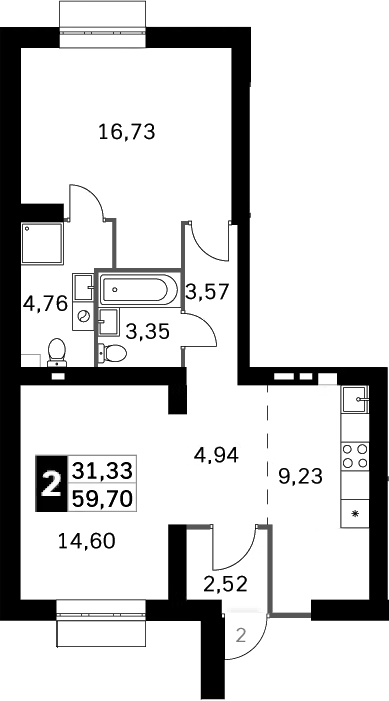 2-комн., 59.7 м², 1/4 этаж, ЖК «Жаворонки Клаб»