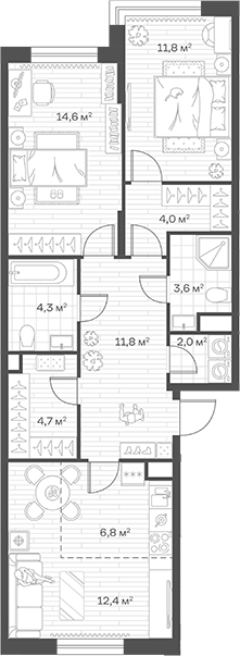 3-комн., 76 м², 5/12 этаж, ЖК «Аристов Берег»