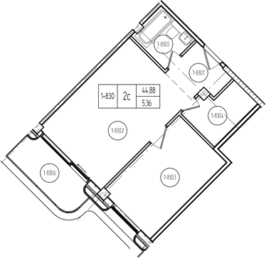 2-комн., 44.89 м², 8/9 этаж, ЖК «Лучи»