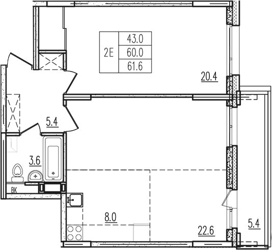 2-комн., 59.98 м², 7/9 этаж, ЖК «Пироговская ривьера. Мытищи»