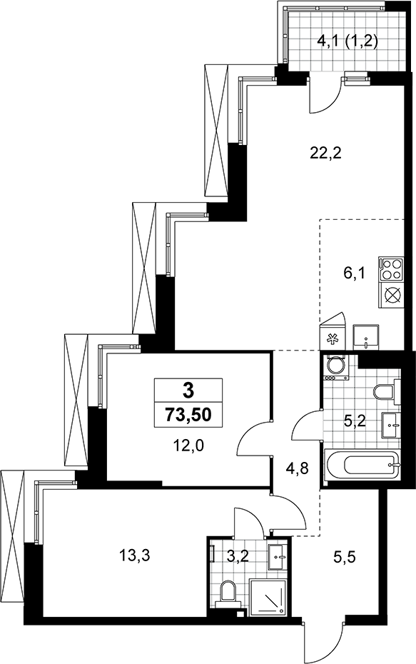 3-комн., 72.3 м², 15/21 этаж, ЖК «Дзен-кварталы»