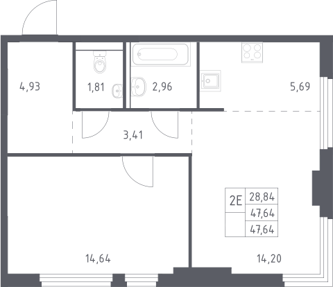 2-комн., 47.64 м², 11/17 этаж, ЖК «Пригород Лесное»