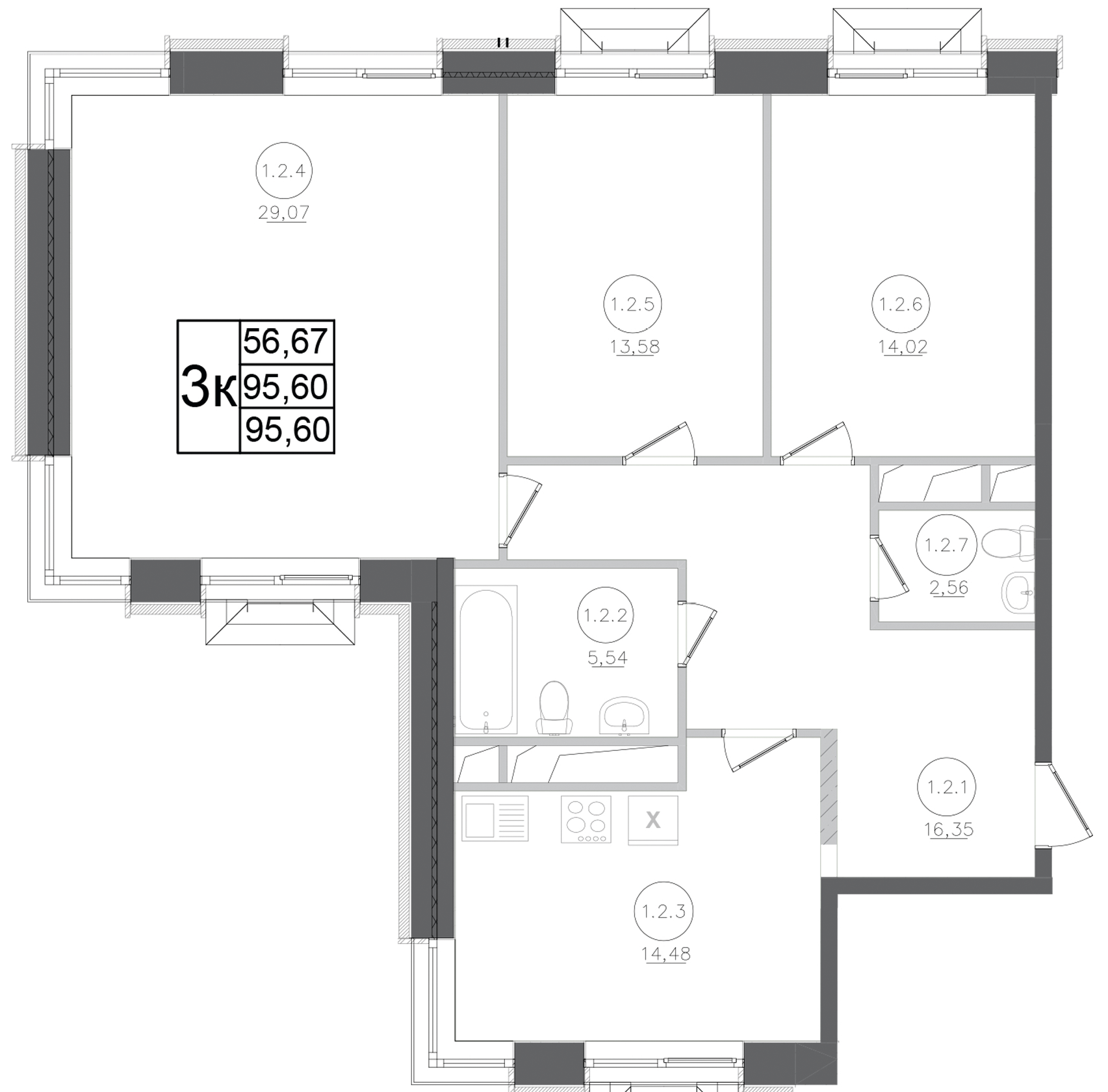 3-комн., 95.6 м², 6/15 этаж, ЖК «Авиатор-2»